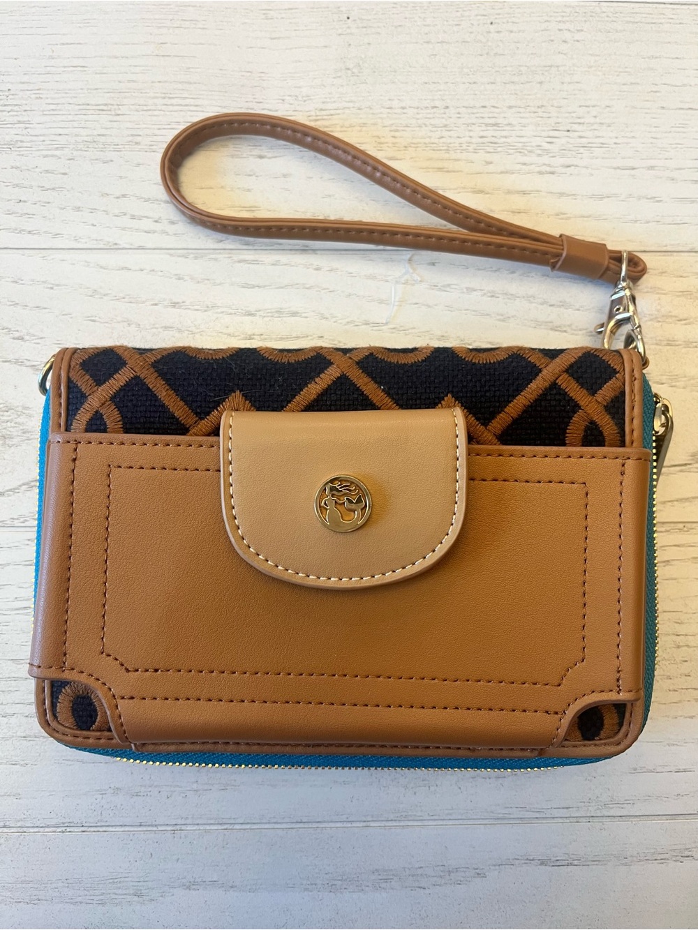 Spartina 449 Brown Leather Navy & Tan Pattern/ Teal Interior Wristlet Wallet